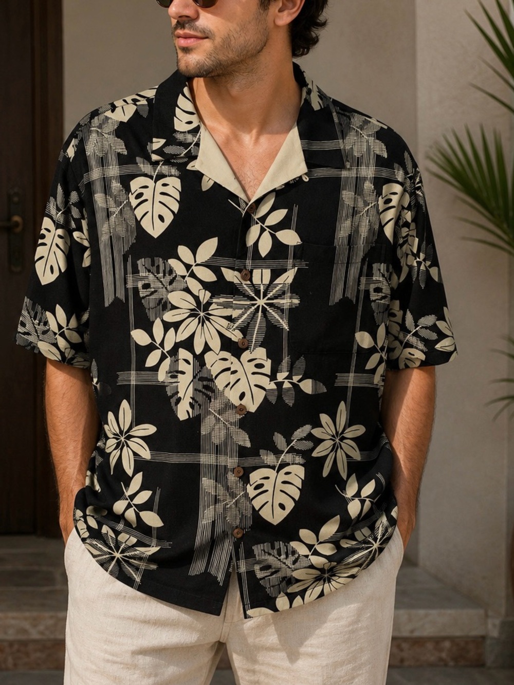 Tommy Bahama Black and Cream Tropical Camp Shirt Silk Size L